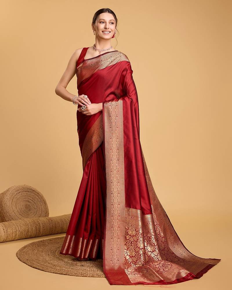 Red woven self design embellished pure silk kanjivaram saree with blouse