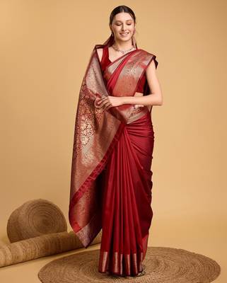 Red woven self design embellished silk blend saree with blouse 2