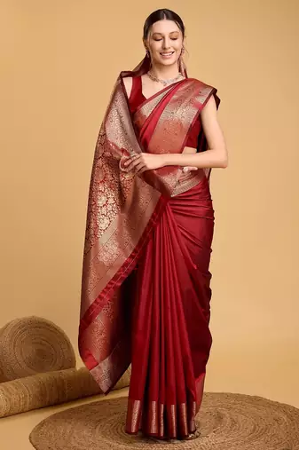 Red woven self design embellished pure silk kanjivaram saree with blouse