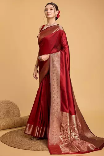 Red woven self design embellished pure silk kanjivaram saree with blouse