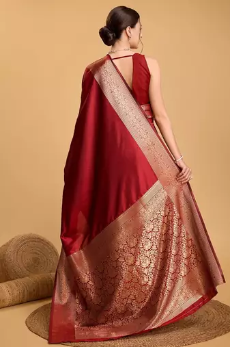 Red woven self design embellished pure silk kanjivaram saree with blouse