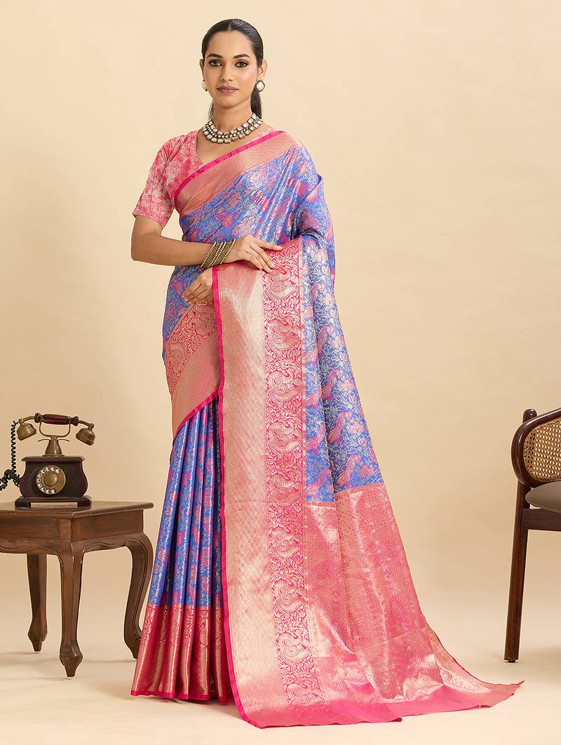 Lavender woven semi silk banarasi saree with blouse