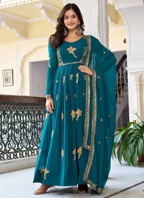 Teal Color Thread With Sequence Work Faux Georgette Top Bottom Dupatta Set 1