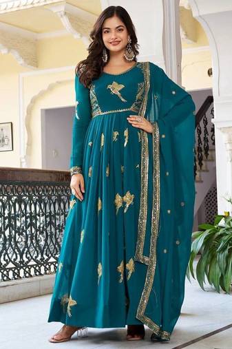 Teal Color Thread With Sequence Work Faux Georgette Top Bottom Dupatta Set