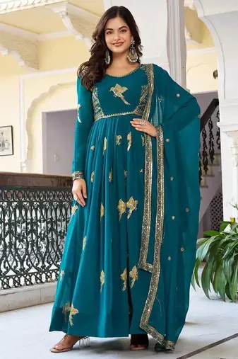 Teal Color Thread With Sequence Work Faux Georgette Top Bottom Dupatta Set