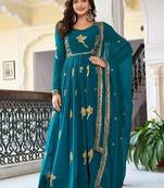 Teal Color Thread With Sequence Work Faux Georgette Top Bottom Dupatta Set