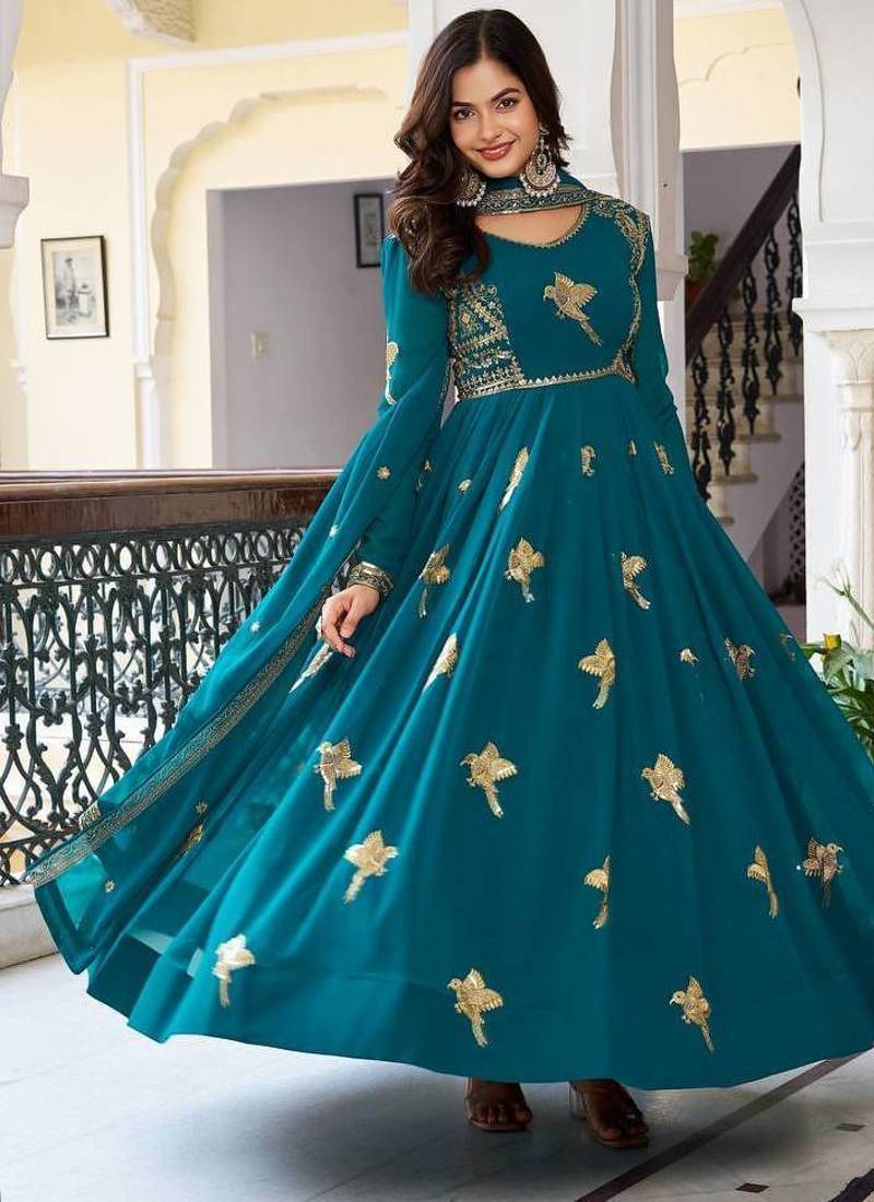 Teal Color Thread With Sequence Work Faux Georgette Top Bottom Dupatta Set