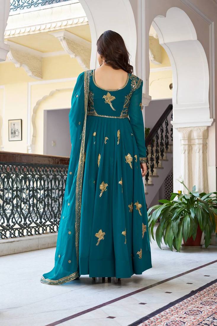 Teal Color Thread With Sequence Work Faux Georgette Top Bottom Dupatta Set