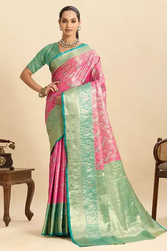 Pink woven semi silk banarasi saree with blouse