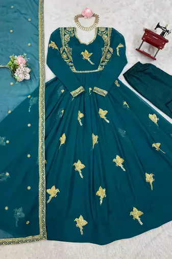 Teal Color Thread With Sequence Work Faux Georgette Top Bottom Dupatta Set