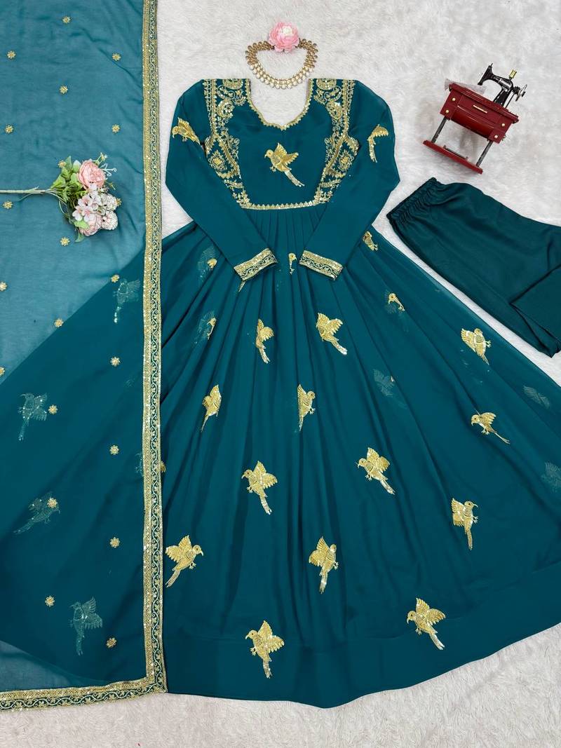 Teal Color Thread With Sequence Work Faux Georgette Top Bottom Dupatta Set