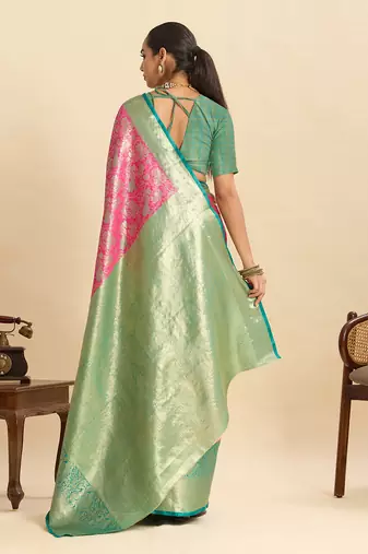 Pink woven semi silk banarasi saree with blouse