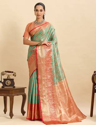 Sea green woven semi silk banarasi saree with blouse 1