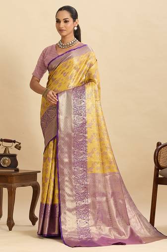 Yellow woven semi silk banarasi saree with blouse