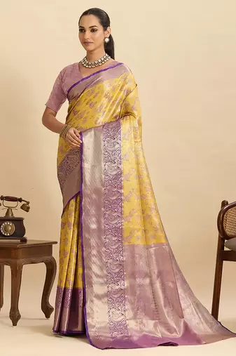 Yellow woven semi silk banarasi saree with blouse
