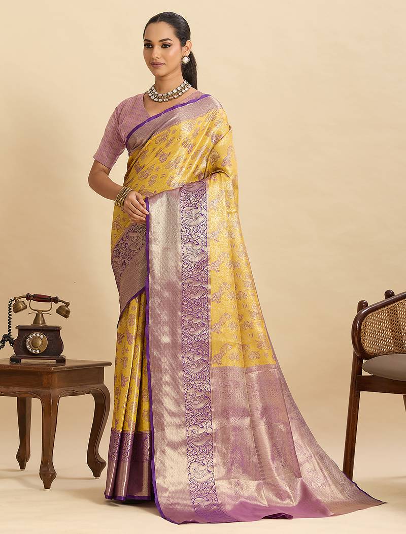 Yellow woven semi silk banarasi saree with blouse