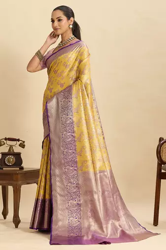 Yellow woven semi silk banarasi saree with blouse