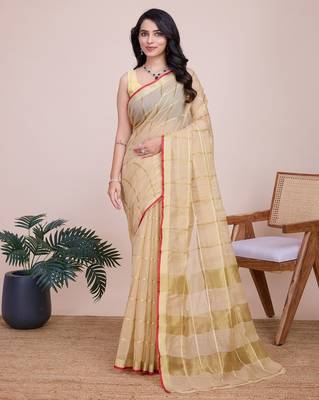 Beige woven checkered striped cotton silk kota doria saree with blouse 1