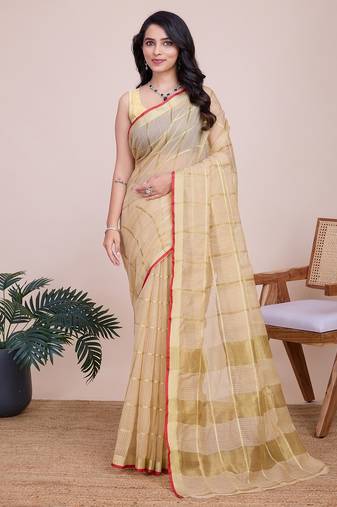 Beige woven checkered striped cotton silk kota doria saree with blouse