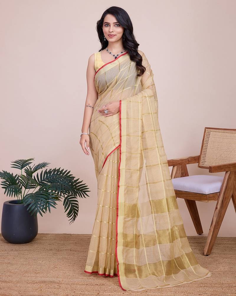 Beige woven checkered striped cotton silk kota doria saree with blouse