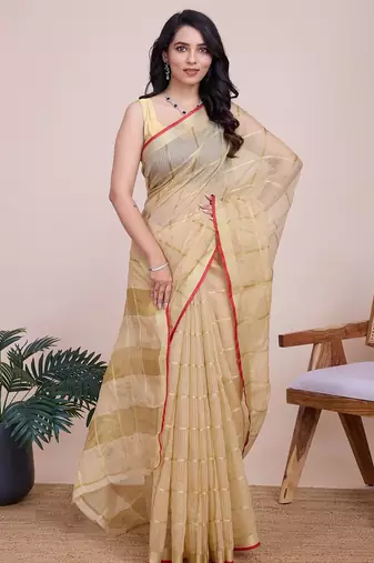 Beige woven checkered striped cotton silk kota doria saree with blouse
