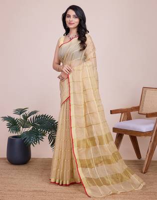 Beige woven checkered striped cotton silk kota doria saree with blouse 3