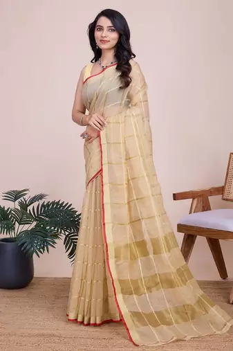 Beige woven checkered striped cotton silk kota doria saree with blouse
