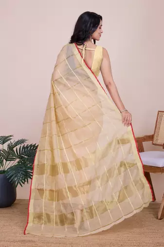 Beige woven checkered striped cotton silk kota doria saree with blouse
