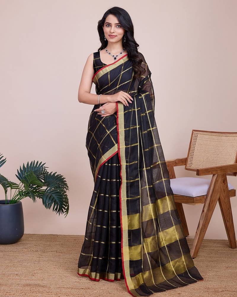 Black woven checkered striped cotton silk kota doria saree with blouse