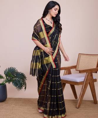 Black woven checkered striped cotton silk kota doria saree with blouse 2