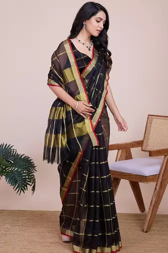Black woven checkered striped cotton silk kota doria saree with blouse