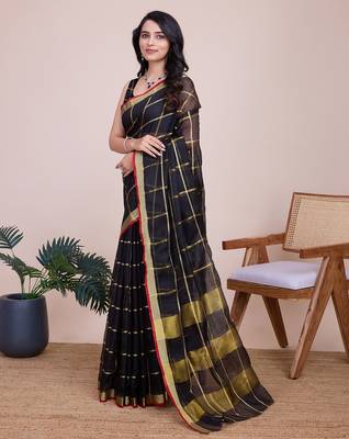 Black woven checkered striped cotton silk kota doria saree with blouse 3
