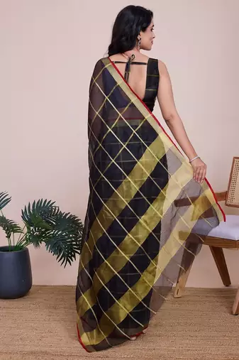 Black woven checkered striped cotton silk kota doria saree with blouse