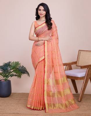 Peach woven checkered striped cotton silk kota doria saree with blouse 1
