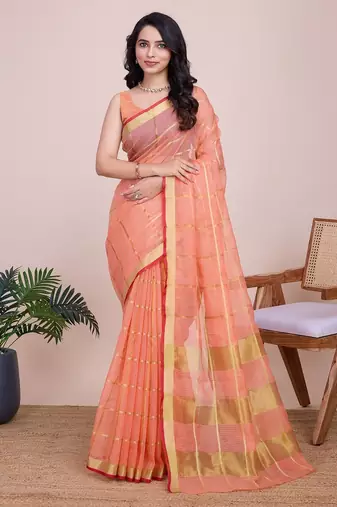 Peach woven checkered striped cotton silk kota doria saree with blouse