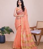 Peach woven checkered striped cotton silk kota doria saree with blouse