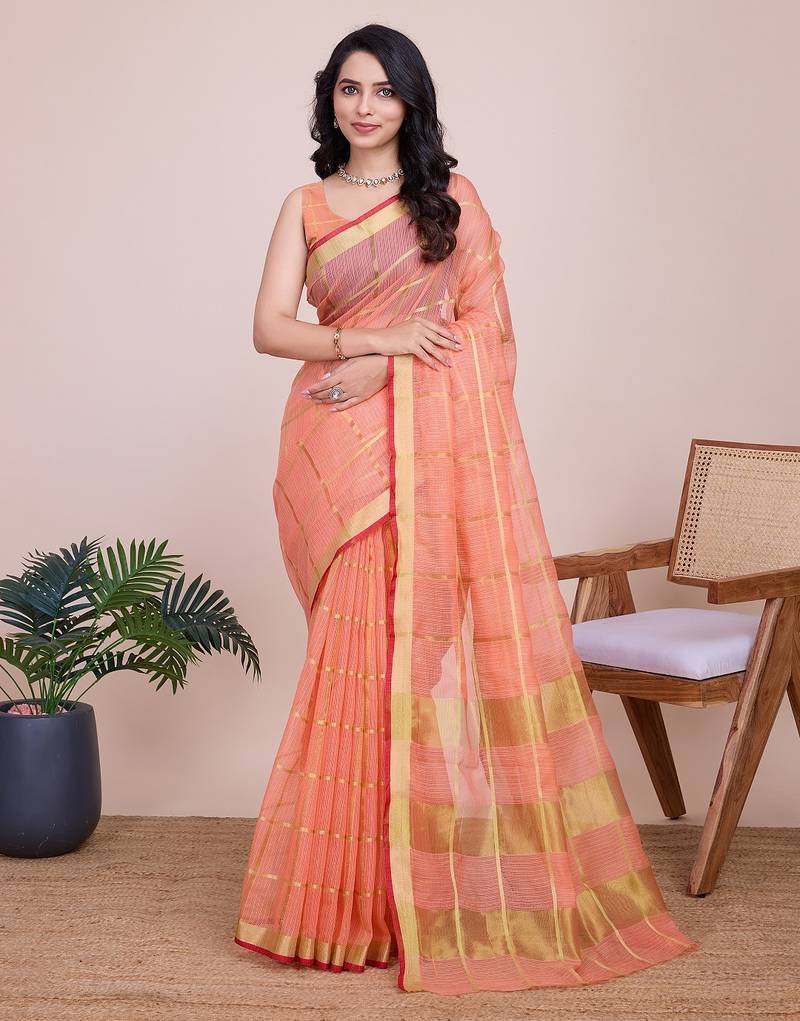 Peach woven checkered striped cotton silk kota doria saree with blouse