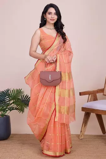 Peach woven checkered striped cotton silk kota doria saree with blouse