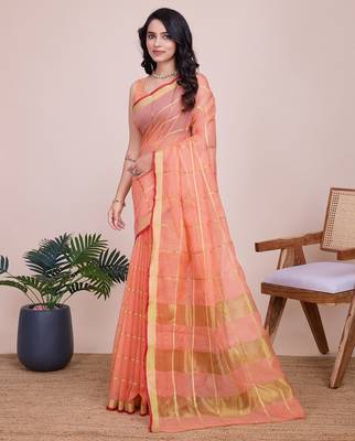 Peach woven checkered striped cotton silk kota doria saree with blouse 3