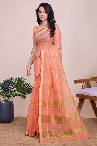 Peach woven checkered striped cotton silk kota doria saree with blouse