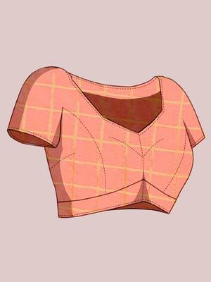 Peach woven checkered striped cotton silk kota doria saree with blouse 5