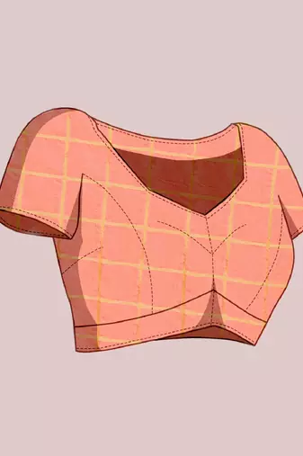 Peach woven checkered striped cotton silk kota doria saree with blouse