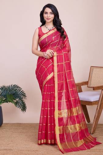 Pink woven checkered striped cotton silk kota doria saree with blouse
