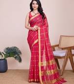 Pink woven checkered striped cotton silk kota doria saree with blouse