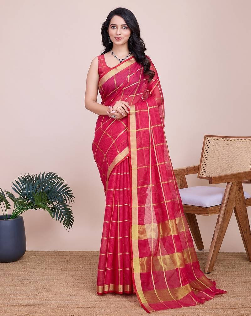 Pink woven checkered striped cotton silk kota doria saree with blouse