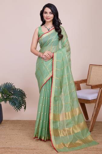 Pista green woven checkered striped cotton silk kota doria saree with blouse
