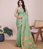 Pista green woven checkered striped cotton silk kota doria saree with blouse