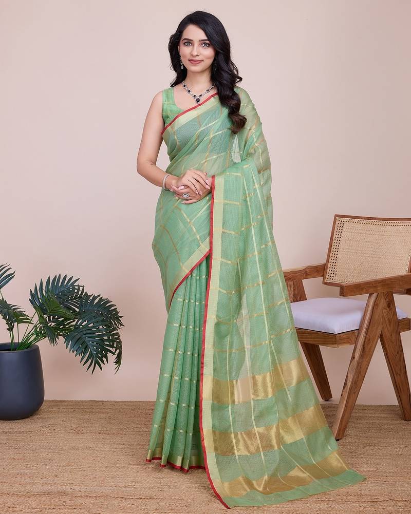 Pista green woven checkered striped cotton silk kota doria saree with blouse