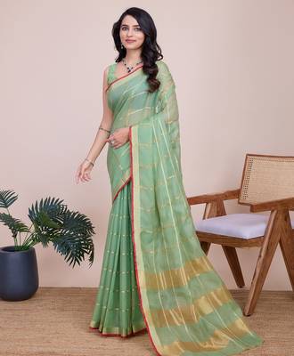 Pista green woven checkered striped cotton silk kota doria saree with blouse 3