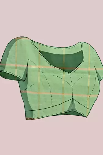 Pista green woven checkered striped cotton silk kota doria saree with blouse